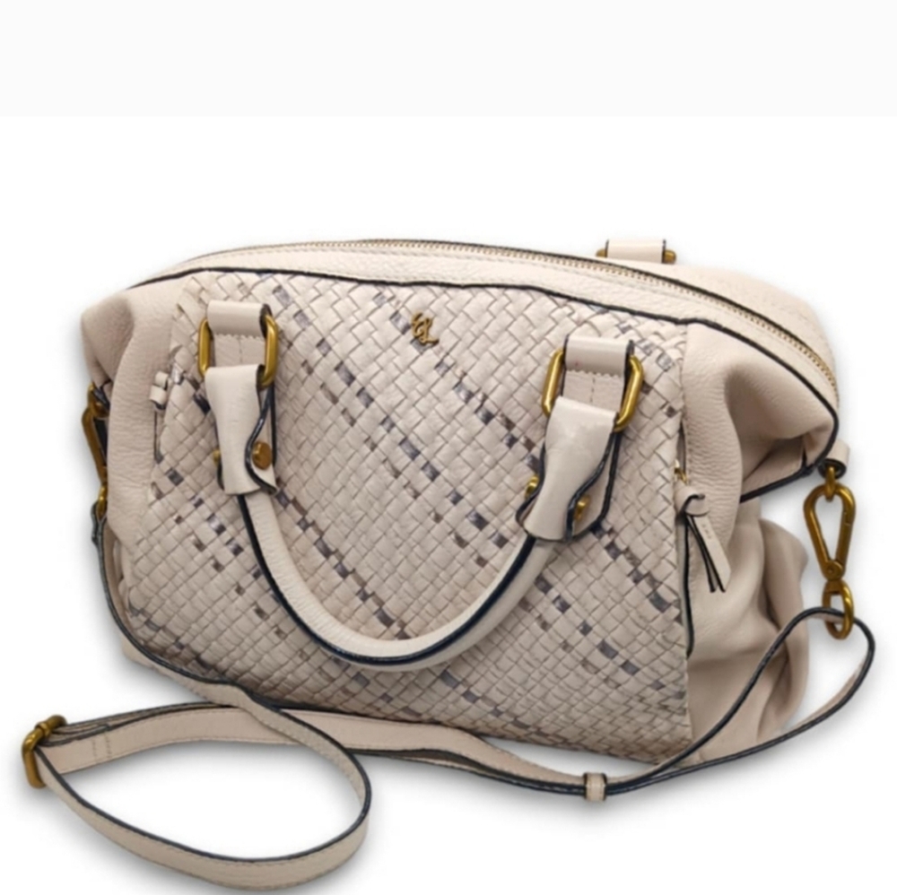 Elliott Lucca woven leather bag, beige/silver/gold- EUC 13 L×8 D x 5.5 W